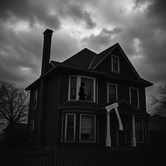 Borden house in Fall River, Massachusetts, under a brooding sky. A subtle shadow of a woman (Lizzie Borden) in a window, and a stylized, axe nearby