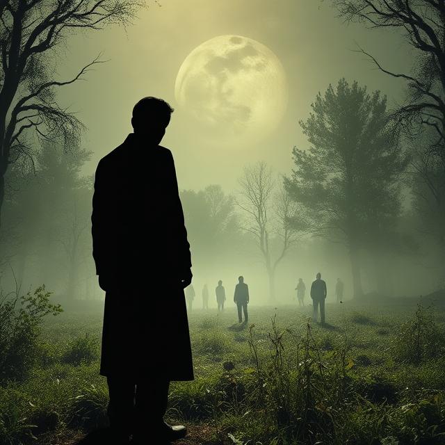 a single, ominous, charismatic figure with blurred features stands, casting a long shadow.
