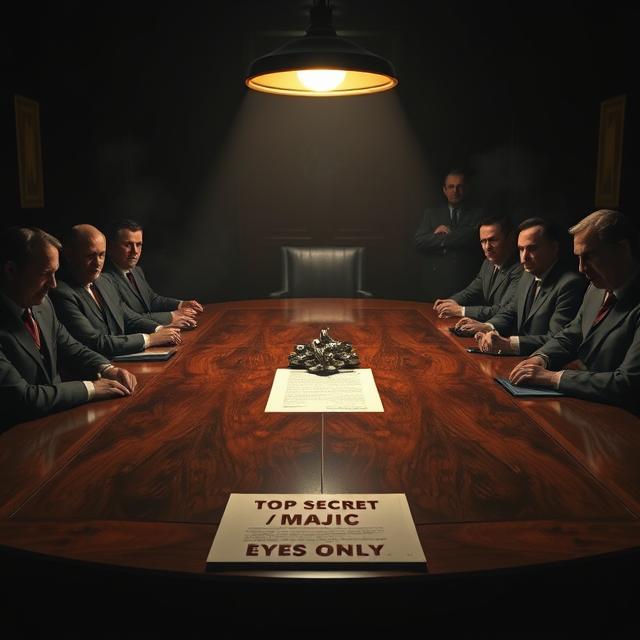 a dimly lit, smoke-filled boardroom in the late 1940s. Twelve shadowy figures, their faces obscured or only partially visible, are seated around a large, polished mahogany table. On the table, illuminated by a single overhead lamp, lies a document stamped with "TOP SECRET / MAJIC EYES ONLY." In the center of the table is a strange, non-human object—a piece of twisted, metallic debris, seemingly from a crash.