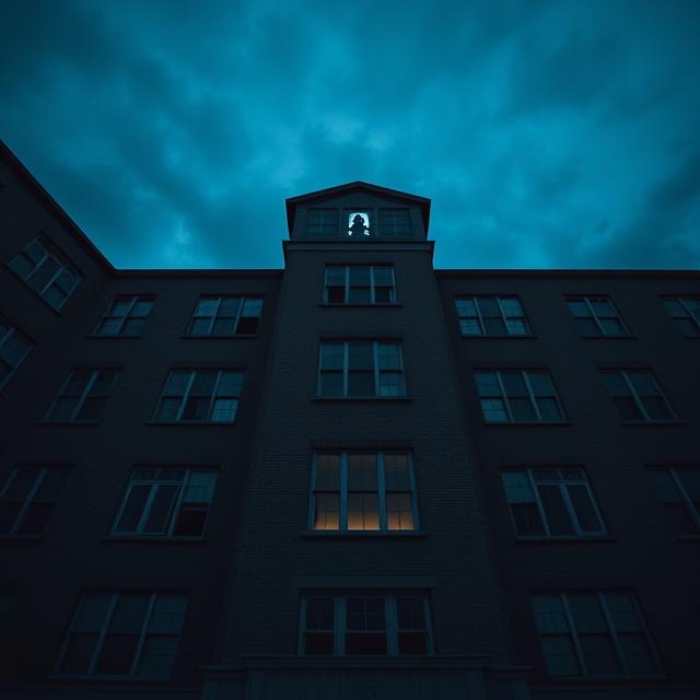 looking up at the imposing, dark brick facade of an abandoned wing of the Athens Lunatic Asylum (The Ridges) at dusk. The sky is a deep, moody blue. Most of the windows are dark and empty, but in one single window on the top floor, a faint, solitary, spectral silhouette of a woman can be seen looking out.
