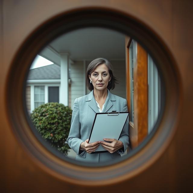 looking through a peephole in a front door. Outside, on the porch of a modest suburban home, a woman stands holding a clipboard. Her face is slightly distorted by the lens, making her features difficult to discern clearly, but her expression appears unnervingly neutral and official. She is dressed in bland, professional attire from the 1990s.