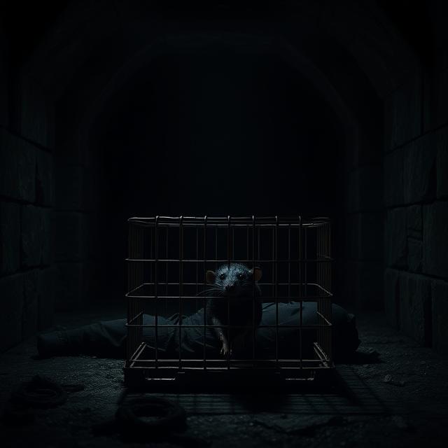 a crude, open-bottomed metal cage with a single, dark rat