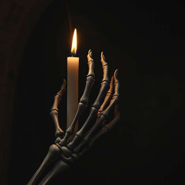 A stark and unsettling image of a skeletal hand with a flickering, eerie candle clutched between its fingers.