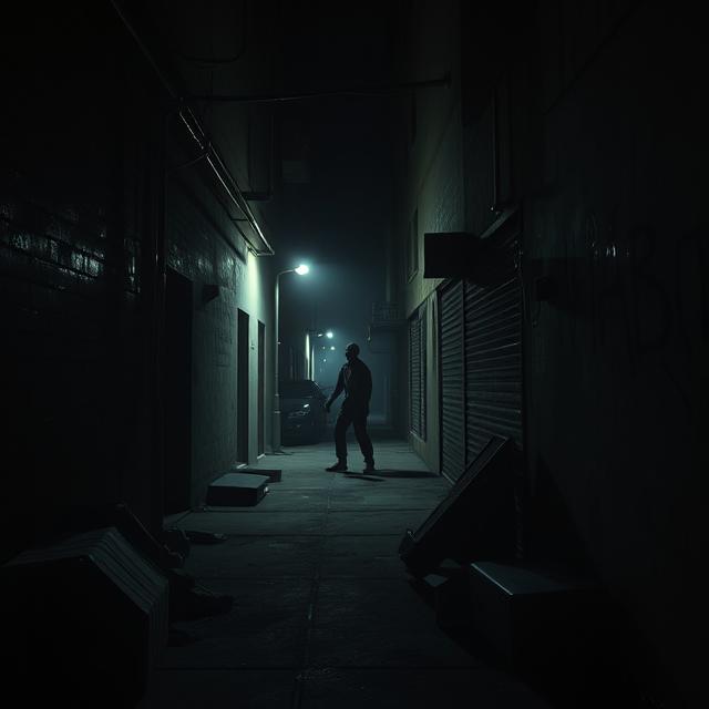 a desolate alleyway on Skid Row in Los Angeles at night.
