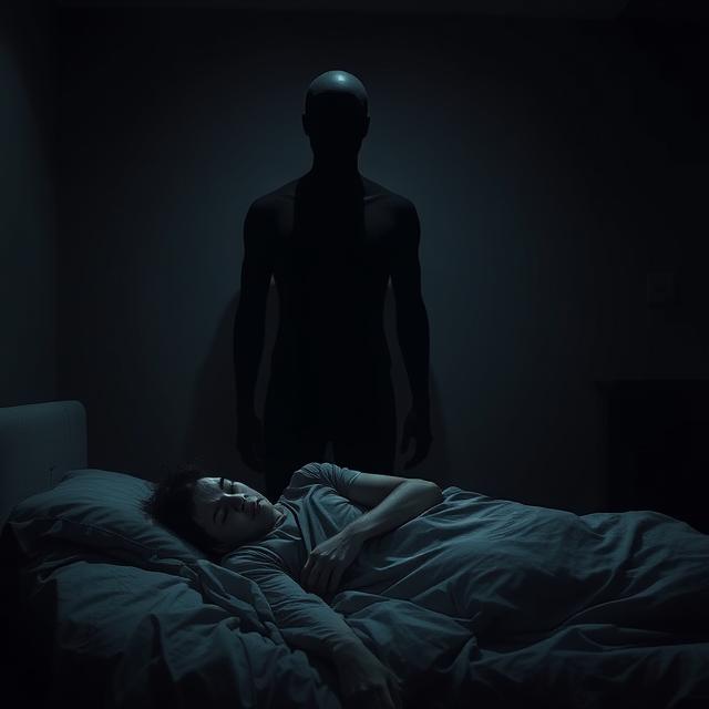 A person is lying in bed, seemingly asleep, but with their eyes slightly open and a look of terror on their face. Standing rigidly over them, is a tall, shadowy, humanoid figure with no discernible facial features – just a smooth, dark void where the face should be.