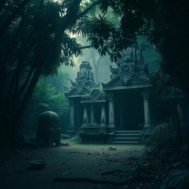A dark, overgrown jungle clearing revealing the weathered, stone remnants of an ancient-looking temple. The architecture incorporates serpentine motifs. The clearing is eerily silent