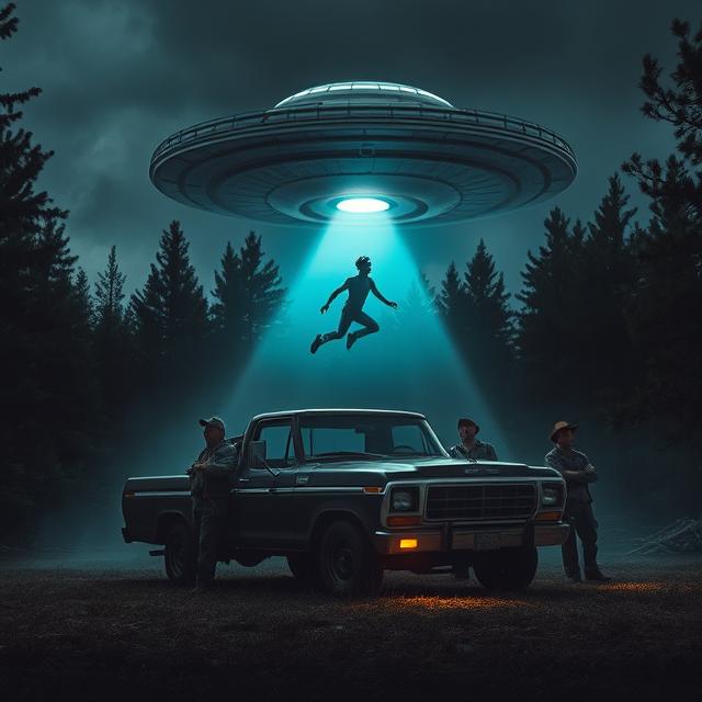 a classic 1970s pickup truck is parked haphazardly, its headlights illuminating a group of seven men in rugged work clothes, their faces a mixture of terror and disbelief. The source of their fear is a large, metallic, saucer-shaped UFO hovering silently and menacingly above the trees. A brilliant, pale blue tractor beam emanates from the underside of the craft, striking a lone man who is thrown back, his body contorted and suspended mid-air in the beam's light.