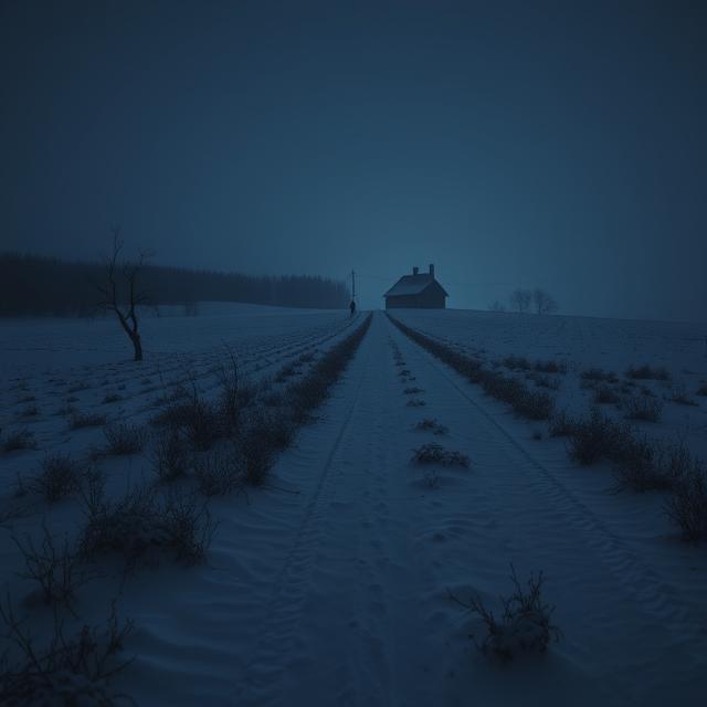 a remote, snow-covered Ukrainian countryside at night. A silhouette of an isolated farmhouse is visible against the horizon. A faint, almost ghostly, and menacing figure could be subtly seen moving towards the farmhouse, hinting at the killer's cold and calculated approach.