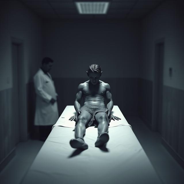 a cold, sterile laboratory setting from the WWII era. Subtle, blurred figure in white coat is visible, but the focus is on a shadowy, indistinct human form restrained on a table.