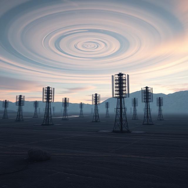 A vast, remote landscape in Alaska, dominated by the imposing array of HAARP antennas reaching towards the sky. The sky above is subtly distorted with swirling, unnatural patterns, suggesting weather manipulation, and faint, almost imperceptible electronic waves emanating from the antennas.